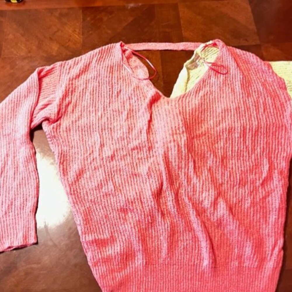 Davi & Dani‎ Womens V-Neck Colorblock Sweater Pullover knot on back